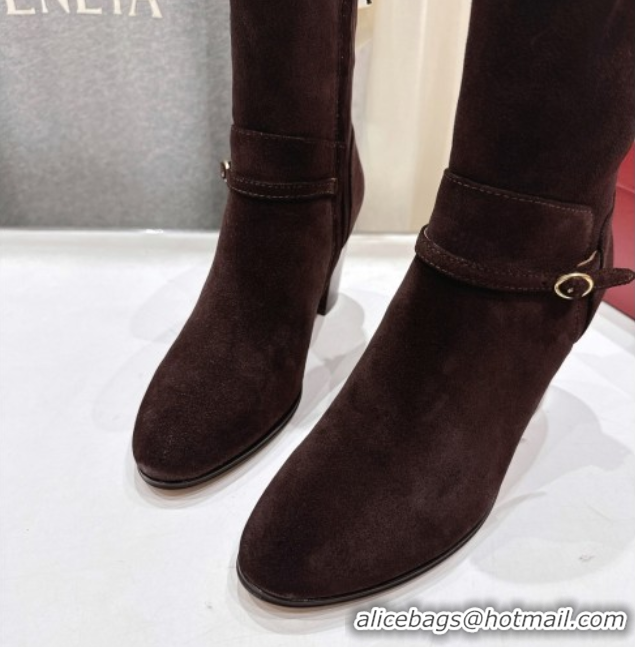 Cheap Price Valentino Suede Heel Ankle Boots 7.5cm with Buckle Dark Brown 1028033