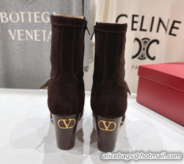 Cheap Price Valentino Suede Heel Ankle Boots 7.5cm with Buckle Dark Brown 1028033