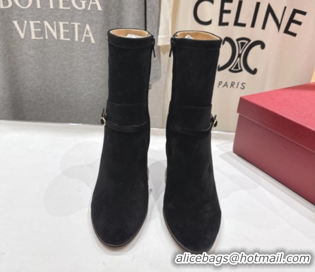 Most Popular Valentino Suede Heel Ankle Boots 7.5cm with Buckle Black 1028034
