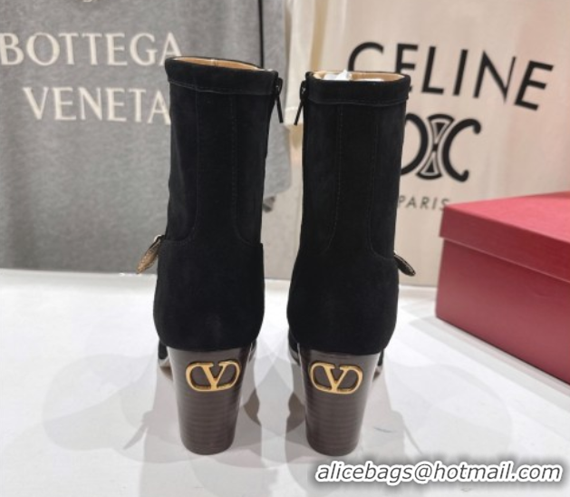 Most Popular Valentino Suede Heel Ankle Boots 7.5cm with Buckle Black 1028034