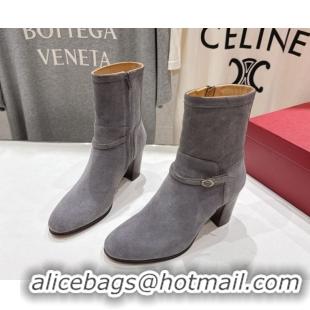 Luxury Cheap Valentino Suede Heel Ankle Boots 7.5cm with Buckle Grey 1028035