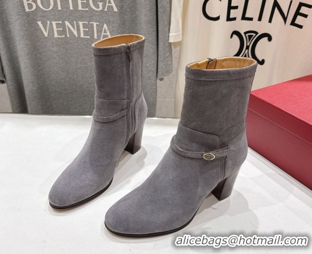 Luxury Cheap Valentino Suede Heel Ankle Boots 7.5cm with Buckle Grey 1028035
