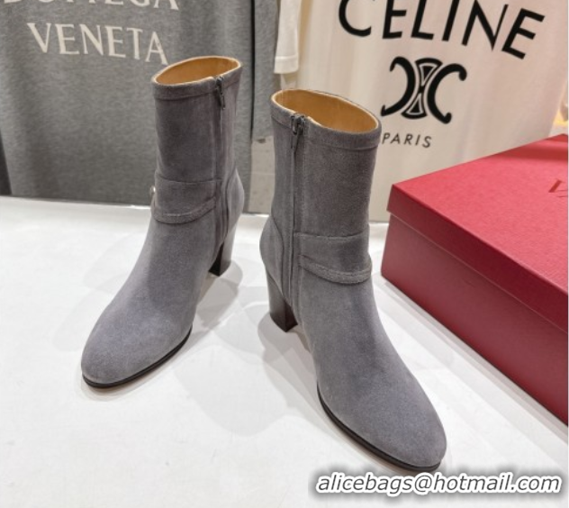 Luxury Cheap Valentino Suede Heel Ankle Boots 7.5cm with Buckle Grey 1028035