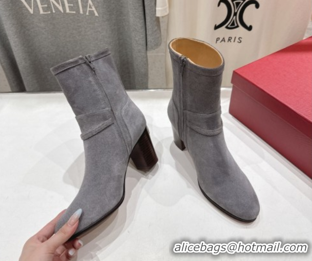 Luxury Cheap Valentino Suede Heel Ankle Boots 7.5cm with Buckle Grey 1028035