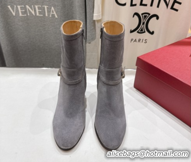 Luxury Cheap Valentino Suede Heel Ankle Boots 7.5cm with Buckle Grey 1028035