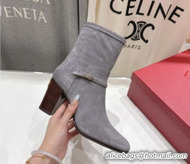 Luxury Cheap Valentino Suede Heel Ankle Boots 7.5cm with Buckle Grey 1028035