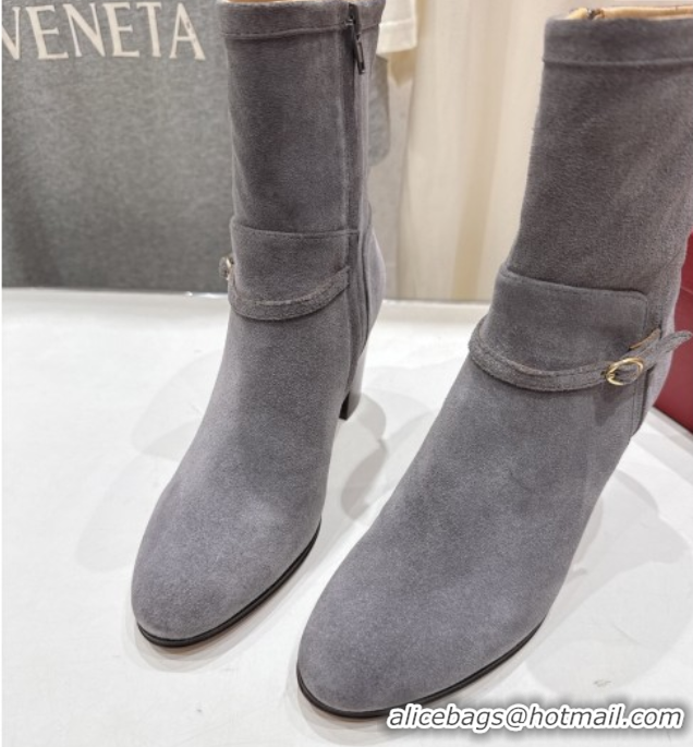 Luxury Cheap Valentino Suede Heel Ankle Boots 7.5cm with Buckle Grey 1028035