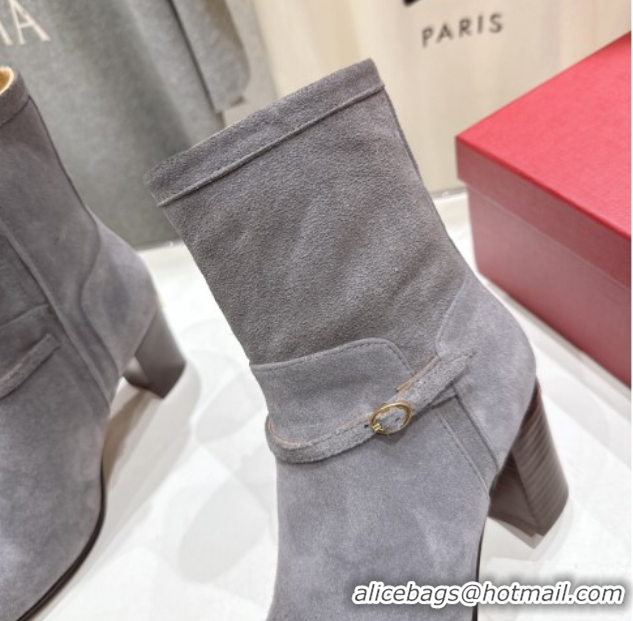 Luxury Cheap Valentino Suede Heel Ankle Boots 7.5cm with Buckle Grey 1028035