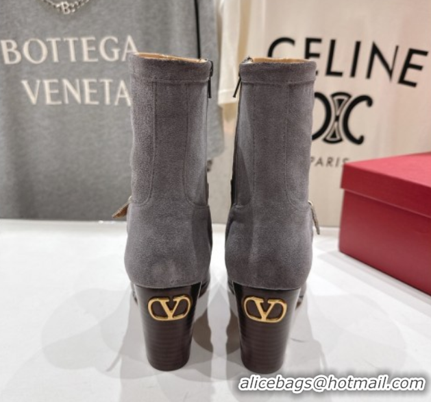 Luxury Cheap Valentino Suede Heel Ankle Boots 7.5cm with Buckle Grey 1028035