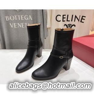 Luxury Valentino Calfskin Leather Heel Ankle Boots 7.5cm with Buckle Black 1028036