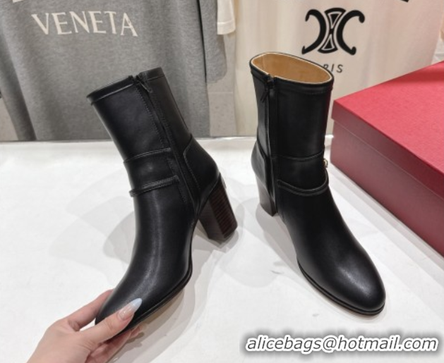Luxury Valentino Calfskin Leather Heel Ankle Boots 7.5cm with Buckle Black 1028036