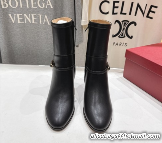 Luxury Valentino Calfskin Leather Heel Ankle Boots 7.5cm with Buckle Black 1028036