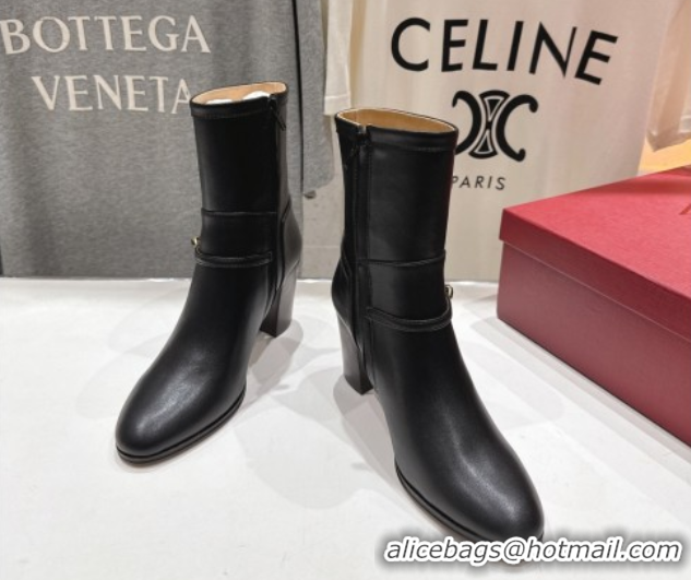 Luxury Valentino Calfskin Leather Heel Ankle Boots 7.5cm with Buckle Black 1028036