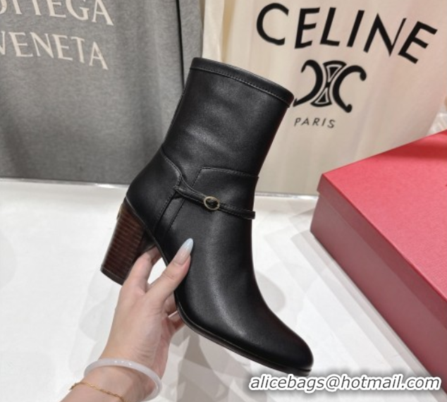 Luxury Valentino Calfskin Leather Heel Ankle Boots 7.5cm with Buckle Black 1028036