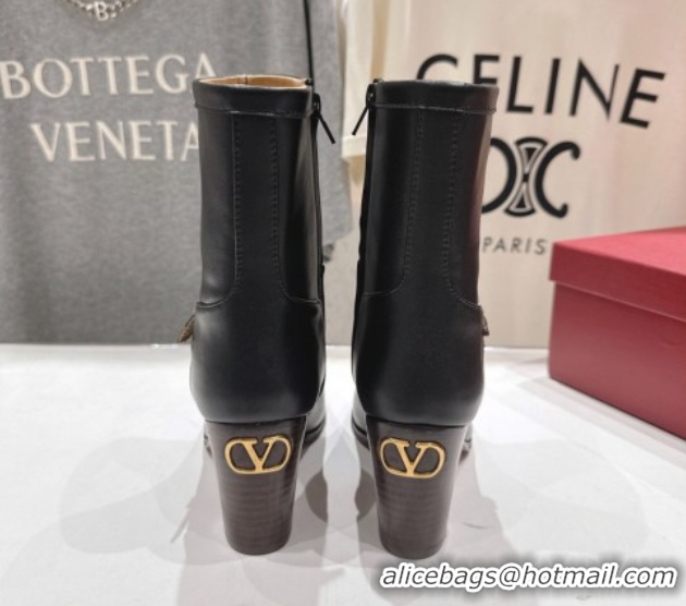Luxury Valentino Calfskin Leather Heel Ankle Boots 7.5cm with Buckle Black 1028036