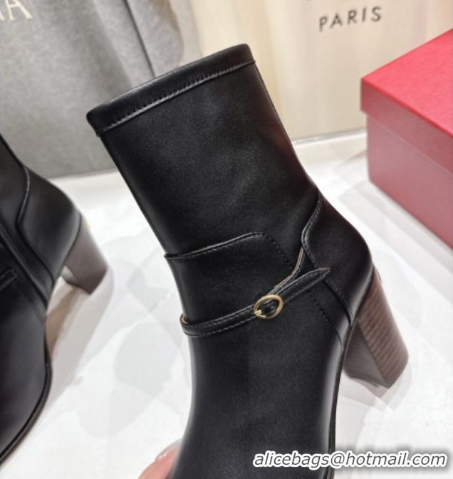 Luxury Valentino Calfskin Leather Heel Ankle Boots 7.5cm with Buckle Black 1028036