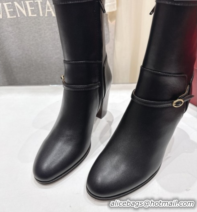 Luxury Valentino Calfskin Leather Heel Ankle Boots 7.5cm with Buckle Black 1028036