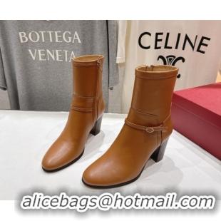 Pretty Style Valentino Calfskin Leather Heel Ankle Boots 7.5cm with Buckle Brown 1028037