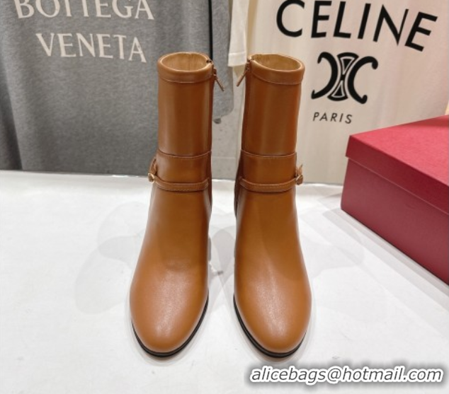 Pretty Style Valentino Calfskin Leather Heel Ankle Boots 7.5cm with Buckle Brown 1028037