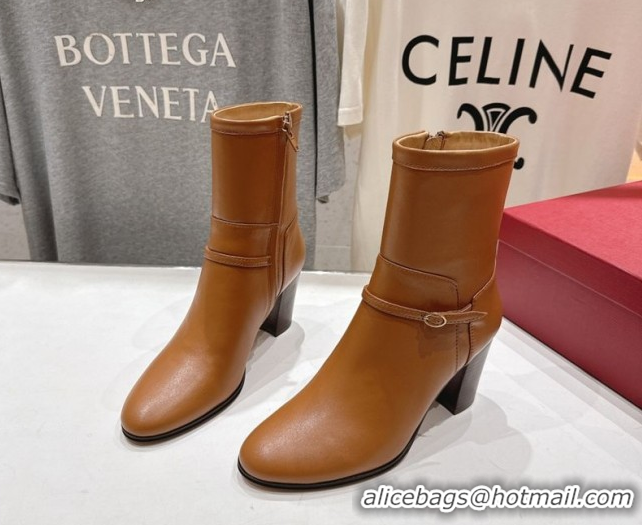 Pretty Style Valentino Calfskin Leather Heel Ankle Boots 7.5cm with Buckle Brown 1028037