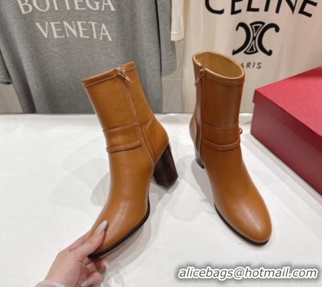 Pretty Style Valentino Calfskin Leather Heel Ankle Boots 7.5cm with Buckle Brown 1028037