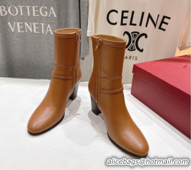 Pretty Style Valentino Calfskin Leather Heel Ankle Boots 7.5cm with Buckle Brown 1028037
