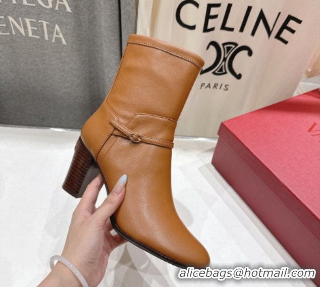 Pretty Style Valentino Calfskin Leather Heel Ankle Boots 7.5cm with Buckle Brown 1028037