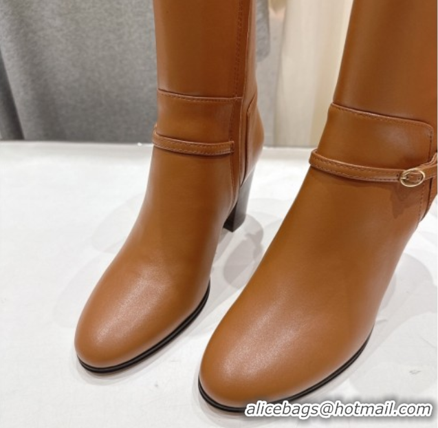 Pretty Style Valentino Calfskin Leather Heel Ankle Boots 7.5cm with Buckle Brown 1028037