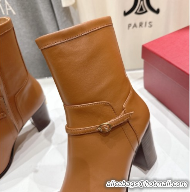Pretty Style Valentino Calfskin Leather Heel Ankle Boots 7.5cm with Buckle Brown 1028037