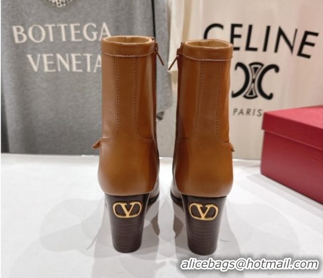 Pretty Style Valentino Calfskin Leather Heel Ankle Boots 7.5cm with Buckle Brown 1028037