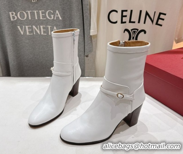 Big Discount Valentino Calfskin Leather Heel Ankle Boots 7.5cm with Buckle White 1028038