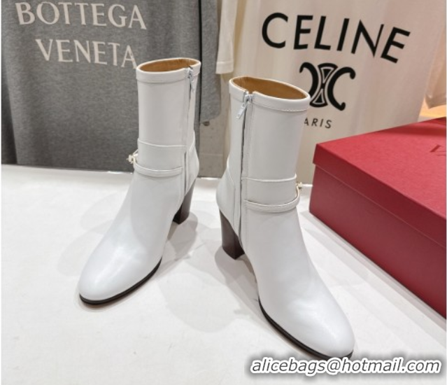 Big Discount Valentino Calfskin Leather Heel Ankle Boots 7.5cm with Buckle White 1028038