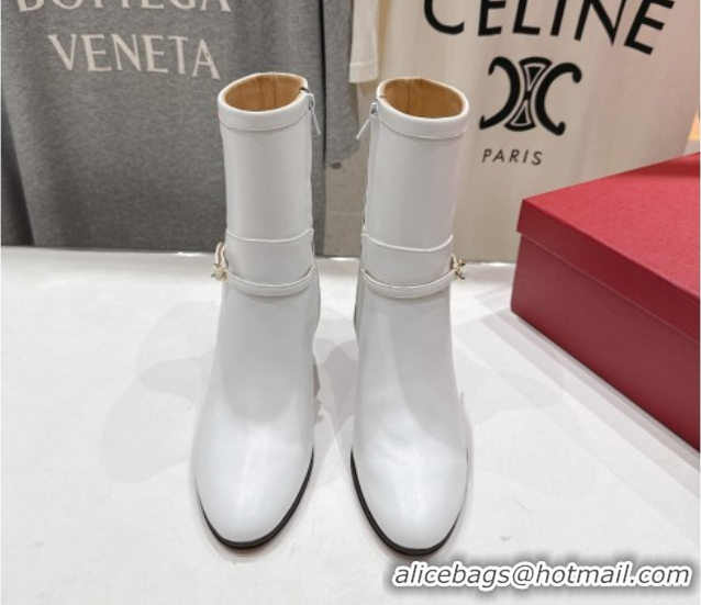 Big Discount Valentino Calfskin Leather Heel Ankle Boots 7.5cm with Buckle White 1028038