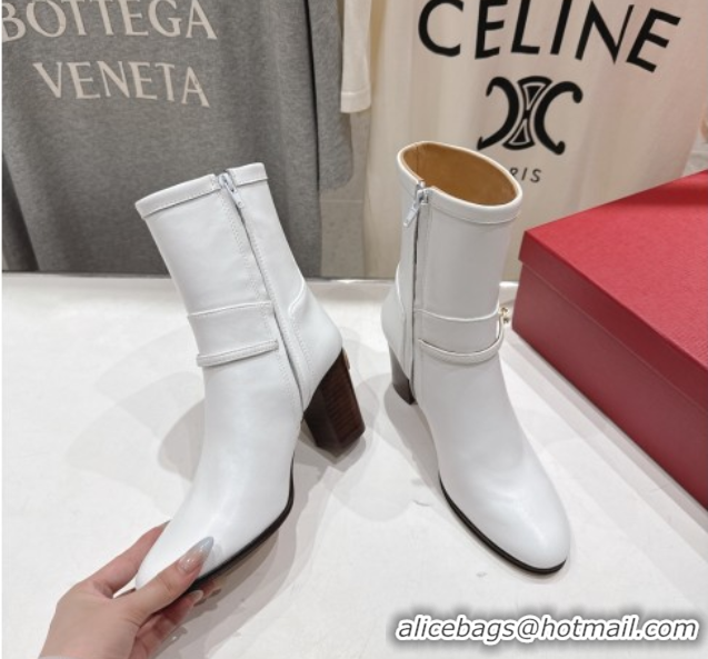 Big Discount Valentino Calfskin Leather Heel Ankle Boots 7.5cm with Buckle White 1028038