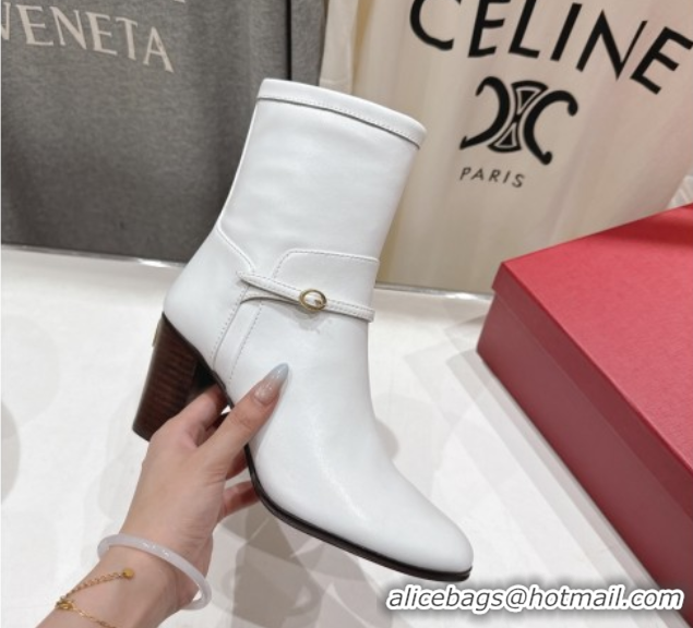 Big Discount Valentino Calfskin Leather Heel Ankle Boots 7.5cm with Buckle White 1028038