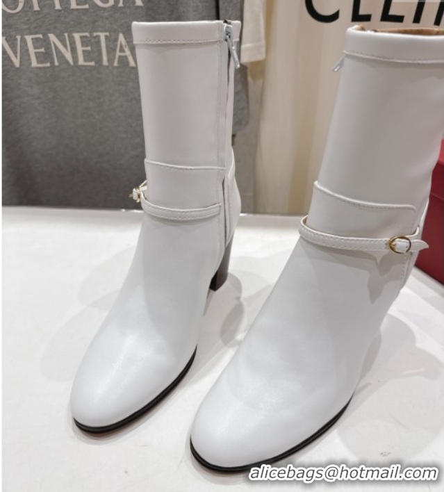 Big Discount Valentino Calfskin Leather Heel Ankle Boots 7.5cm with Buckle White 1028038