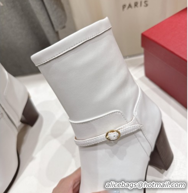 Big Discount Valentino Calfskin Leather Heel Ankle Boots 7.5cm with Buckle White 1028038