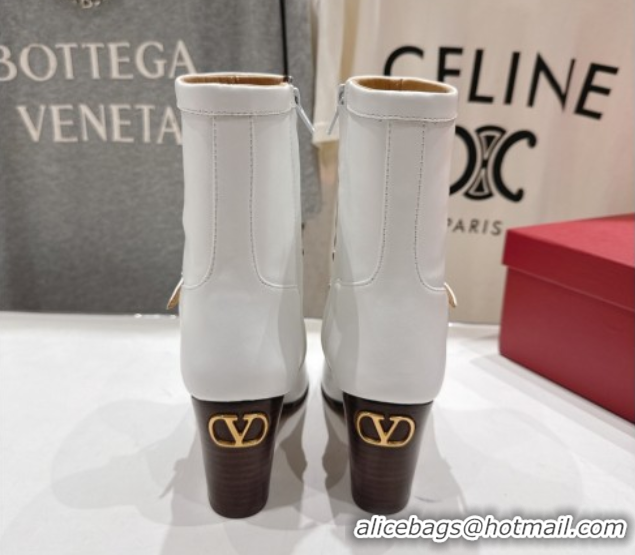 Big Discount Valentino Calfskin Leather Heel Ankle Boots 7.5cm with Buckle White 1028038