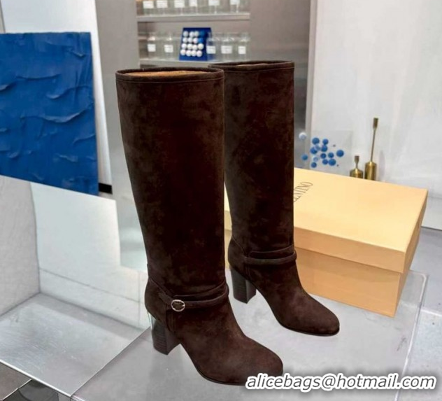 Grade Valentino Suede Heel High Boots 8cm with Buckle Dark Brown 1104079