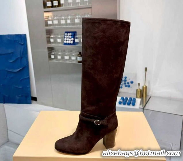 Grade Valentino Suede Heel High Boots 8cm with Buckle Dark Brown 1104079