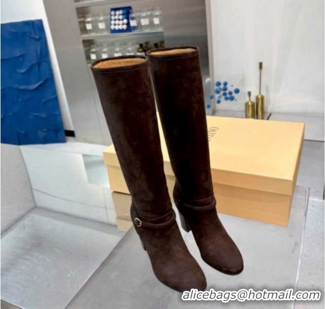 Grade Valentino Suede Heel High Boots 8cm with Buckle Dark Brown 1104079