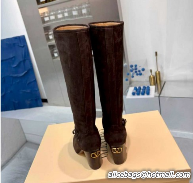 Grade Valentino Suede Heel High Boots 8cm with Buckle Dark Brown 1104079