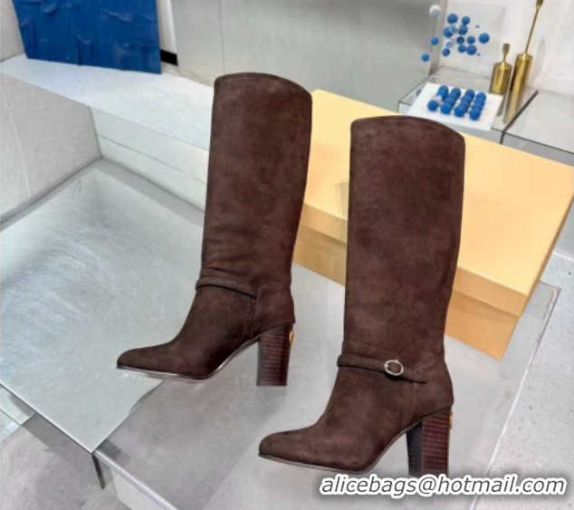 Grade Valentino Suede Heel High Boots 8cm with Buckle Dark Brown 1104079
