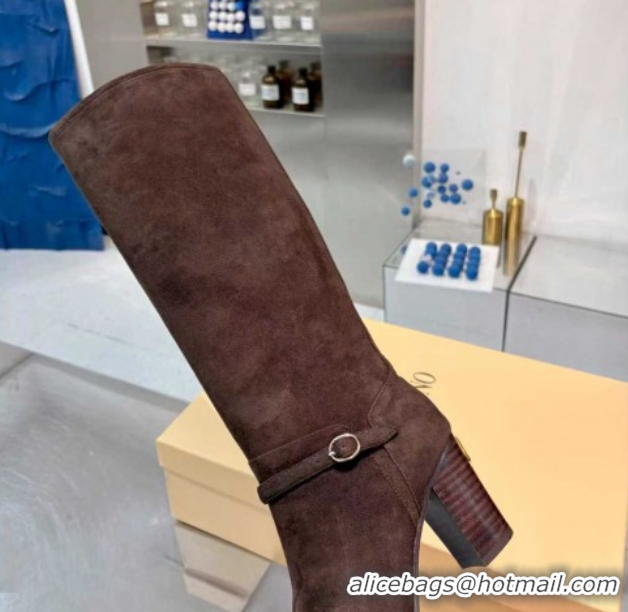 Grade Valentino Suede Heel High Boots 8cm with Buckle Dark Brown 1104079