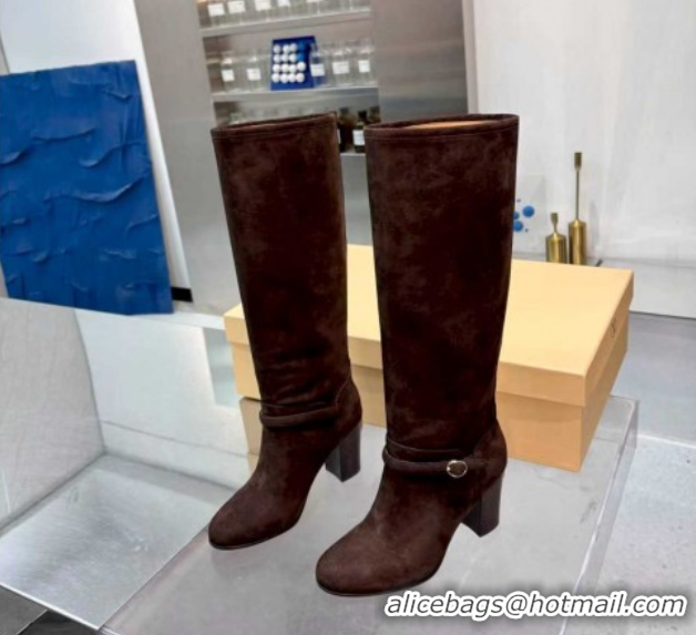 Grade Valentino Suede Heel High Boots 8cm with Buckle Dark Brown 1104079