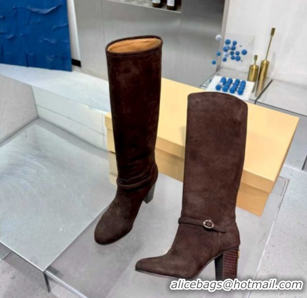 Grade Valentino Suede Heel High Boots 8cm with Buckle Dark Brown 1104079
