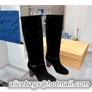 Hot Style Valentino Suede Heel High Boots 8cm with Buckle Black 1104080