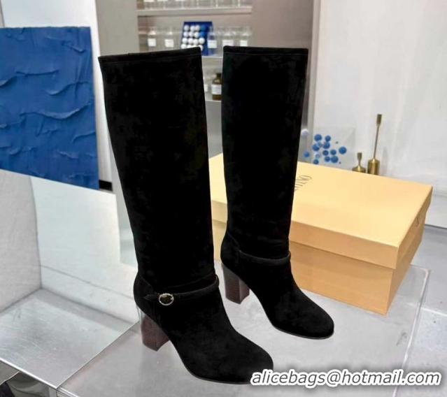 Hot Style Valentino Suede Heel High Boots 8cm with Buckle Black 1104080