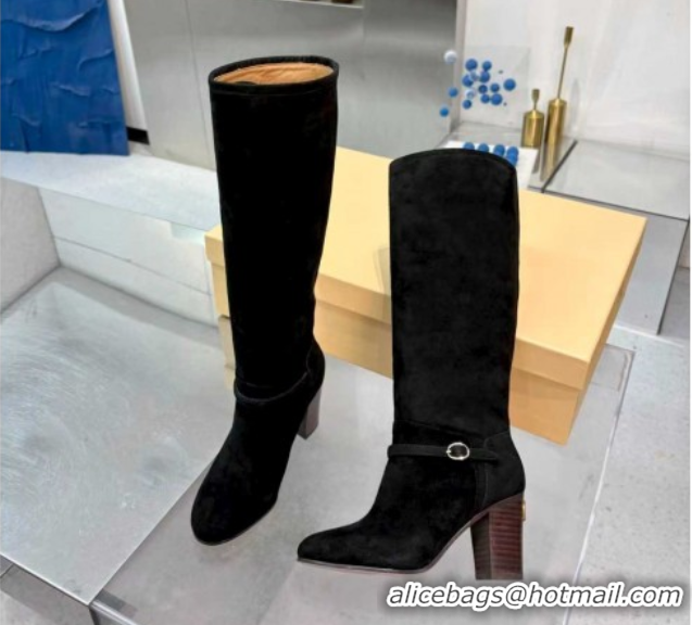 Hot Style Valentino Suede Heel High Boots 8cm with Buckle Black 1104080