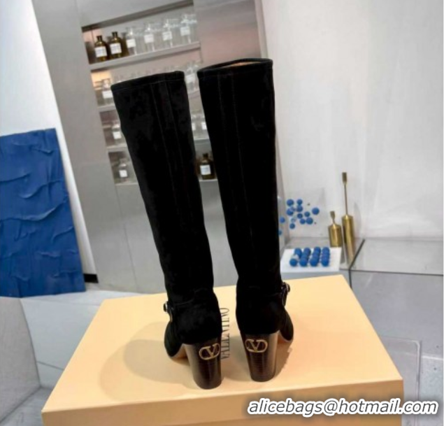 Hot Style Valentino Suede Heel High Boots 8cm with Buckle Black 1104080